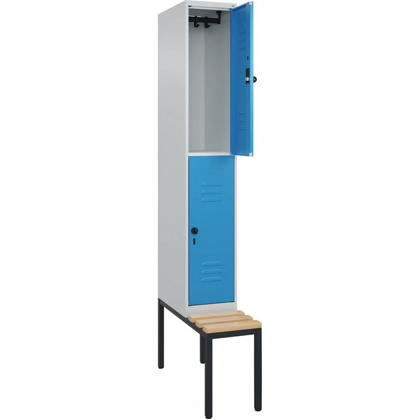 Doppelst. Schrank CLASSICB300xT500xH2120 mm RAL 7035/5012, 1x2Abteilemit untergeb. Sitzbank - Artikel: 7830373400 Doppelst. Schrank CLASSICB300xT500xH2120 mm RAL 7035/5012, 1x2Abteilemit untergeb. Sitzbank - Artikel: 7830373400