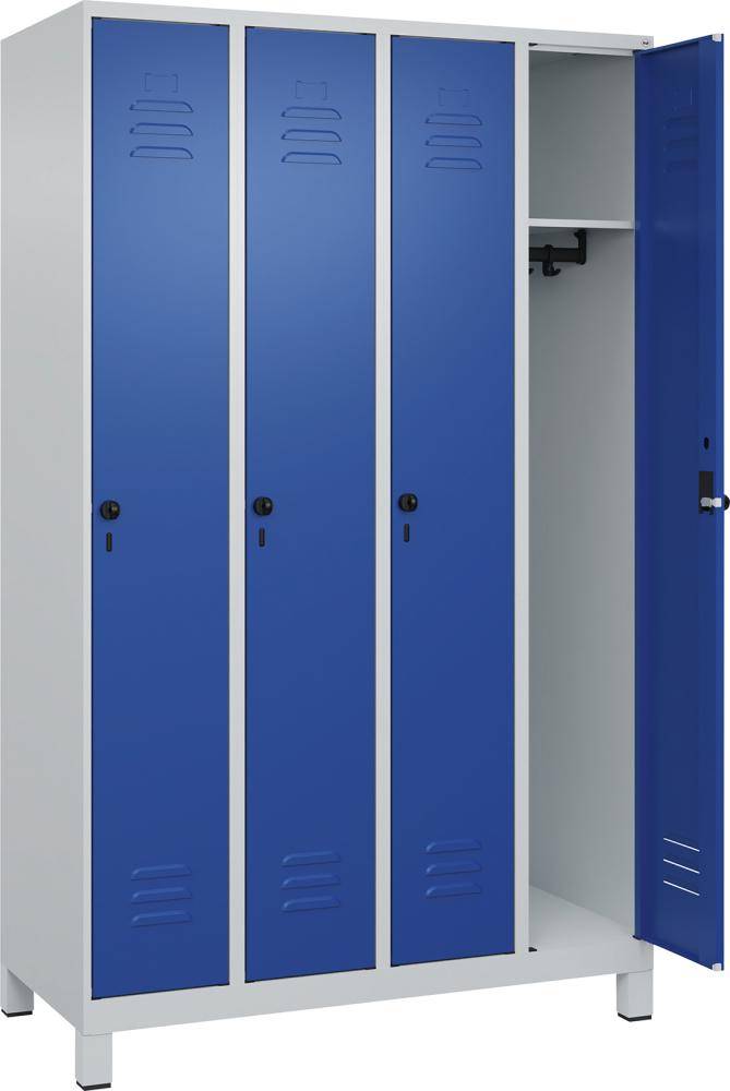 Garderobenschrank CLASSICB1200xT500xH1950 mm RAL 7035/5010, 4 Abteile mit 100 mm hohen Füßen - Artikel: 7830372616