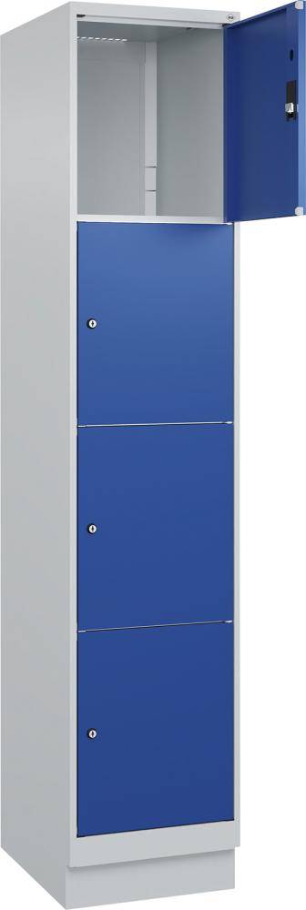 Fächerschrank CLASSIC B400xT500xH1950 mm RAL 7035/5010, 1x4 Fächermit 100 mm hohem Sockel - Artikel: 7830373151