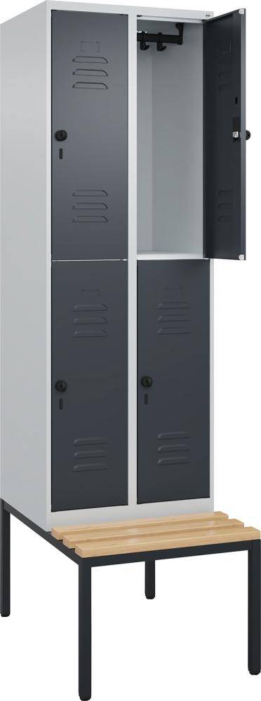 Doppelst. Schrank CLASSICB600xT500xH2120 mm RAL 7035/7016, 2x2Abteilemit untergeb. Sitzbank - Artikel: 7830373412