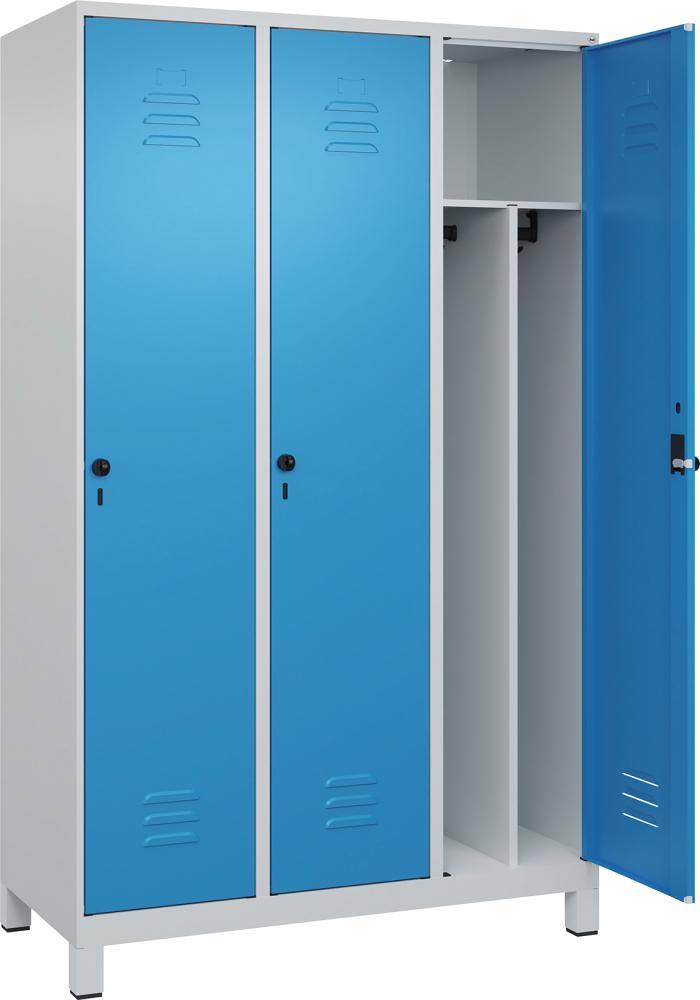 Gard.-Schrank TW CLASSIC B1200xT500xH1950 mm RAL 7035/5012, 3 Abteile mit 100 mm hohen Füßen - Artikel: 7830373725