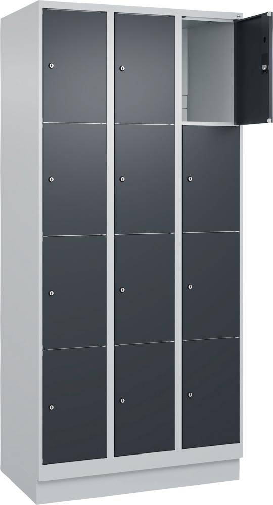 Fächerschrank CLASSIC B900xT500xH1950 mm RAL 7035/7016, 3x4 Fächermit 100 mm hohem Sockel - Artikel: 7830373174