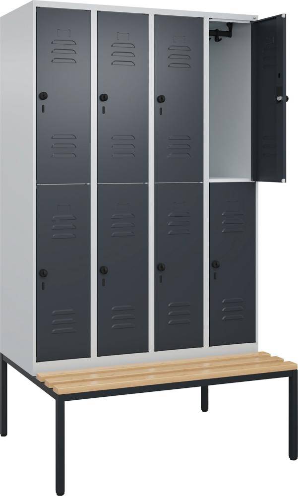 Doppelst. Schrank CLASSICB1200xT500xH2120 mm RAL 7035/7016, 4x2Abteilemit untergeb. Sitzbank - Artikel: 7830373416