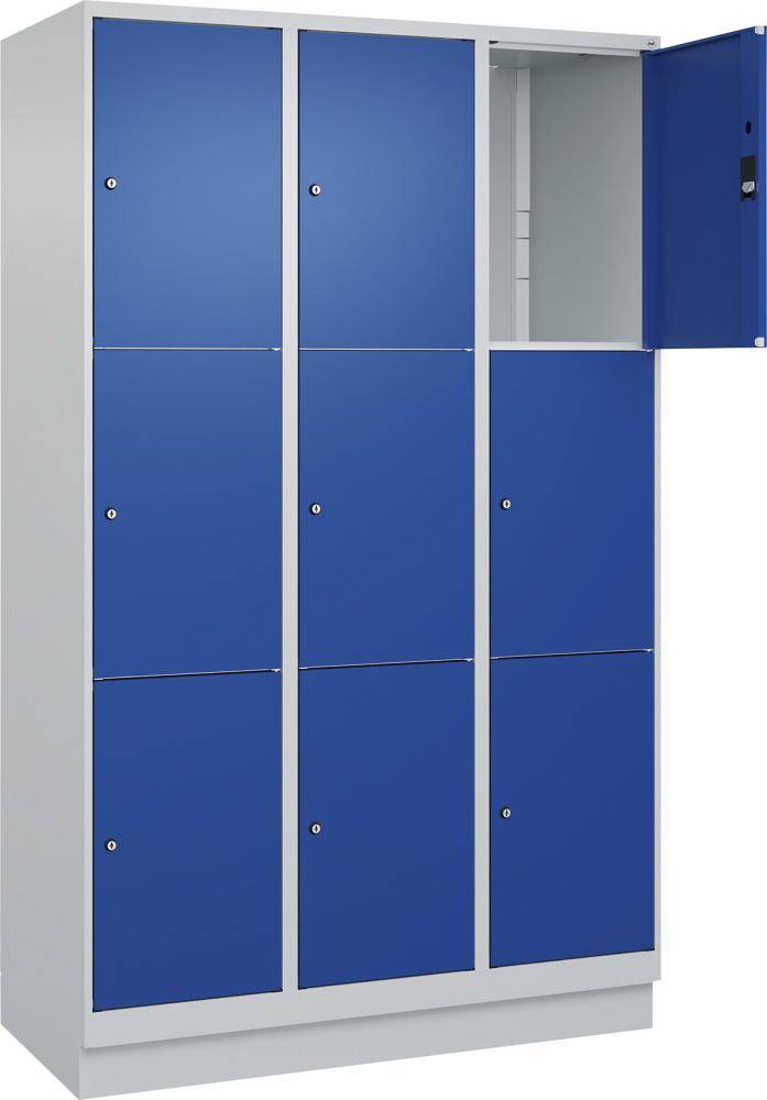 Fächerschrank CLASSIC B1200xT500xH1950 mm RAL 7035/5010, 3x3 Fächermit 100 mm hohem Sockel - Artikel: 7830373115