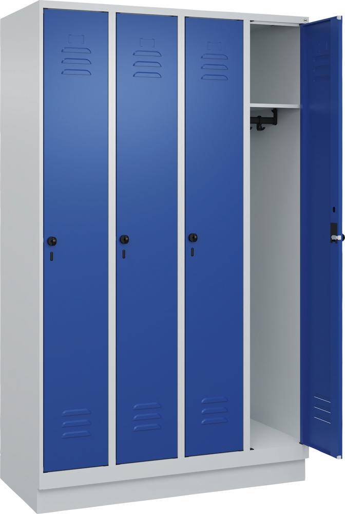 Garderobenschrank CLASSICB1200xT500xH1950 mm RAL 7035/5010, 4 Abteile mit 100 mm hohem Sockel - Artikel: 7830372656