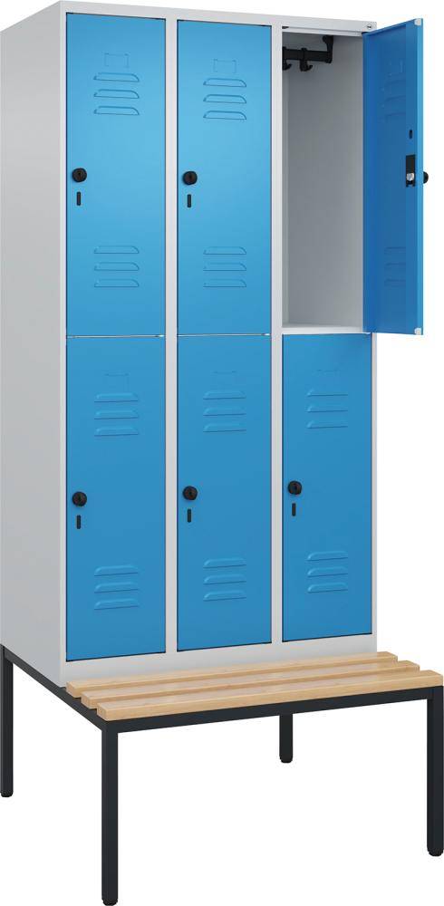 Doppelst. Schrank CLASSICB900xT500xH2120 mm RAL 7035/5012, 3x2Abteilemit untergeb. Sitzbank - Artikel: 7830373404