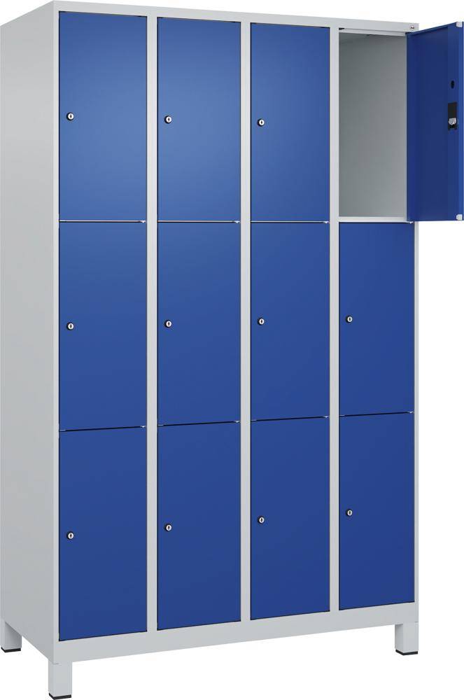 Fächerschrank CLASSIC B1200xT500xH1950 mm RAL 7035/5010, 4x3 Fächermit 100 mm hohen Füßen - Artikel: 7830372916