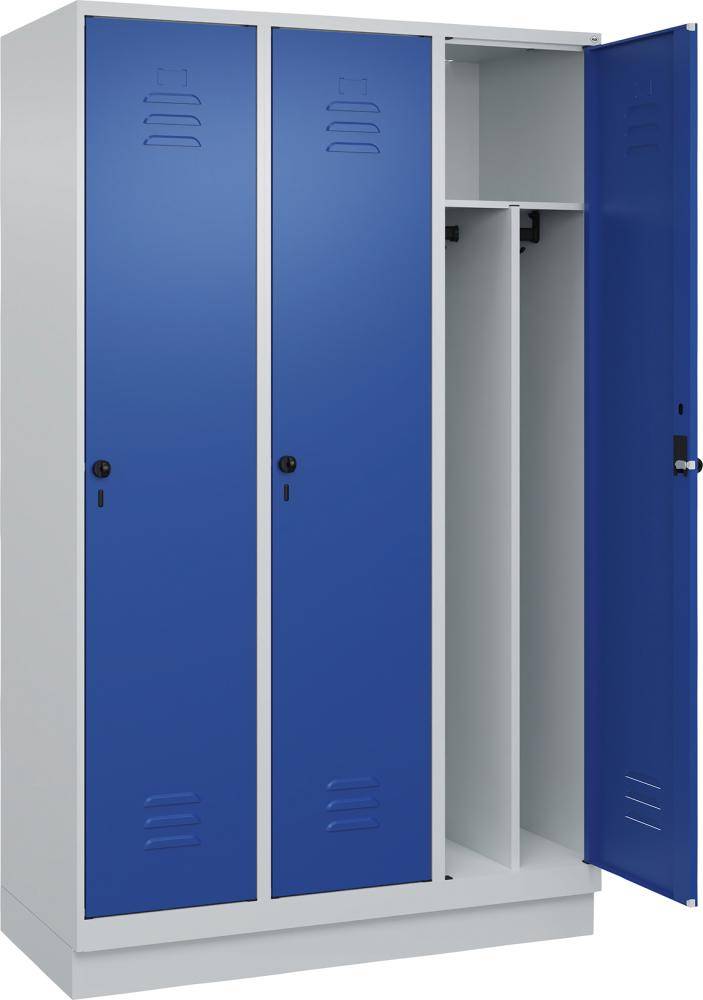 Gard.-Schrank TW CLASSIC B1200xT500xH1950 mm RAL 7035/5010, 3 Abteile mit 100 mm hohem Sockel - Artikel: 7830373755