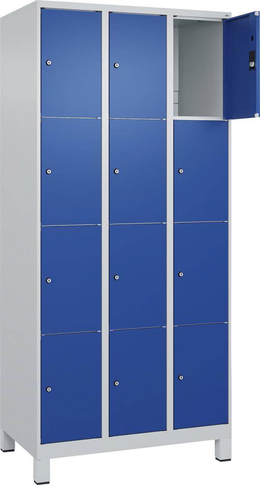 Fächerschrank CLASSIC B900xT500xH1950 mm RAL 7035/5010, 3x4 Fächermit 100 mm hohen Füßen - Artikel: 7830372954