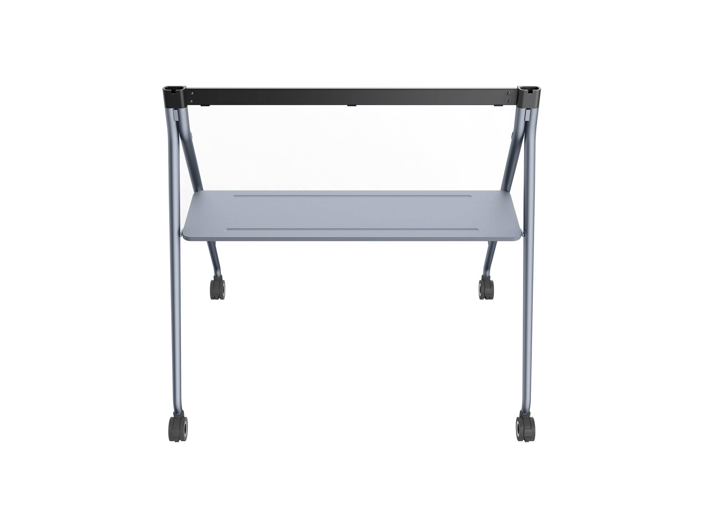 Ein blauer Metall-Klapptisch für Laptops mit vier Rollen und einer schwarzen Stützstrebe, entwickelt für Mobilität und Platzersparnis in kleinen Räumen.