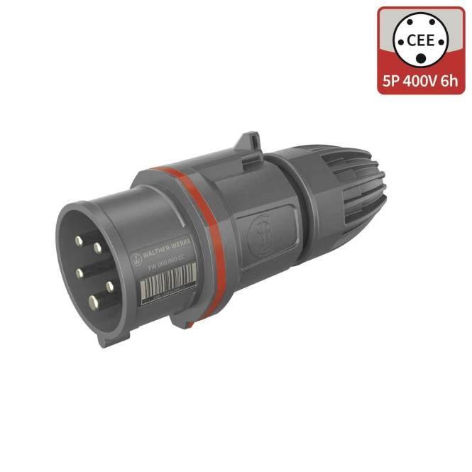 CEE 5P 400V 6h' Industriestecker mit fünf Kontakten, geeignet für Hochspannungs-Elektroverbindungen, auf einem Produktfoto dargestellt.