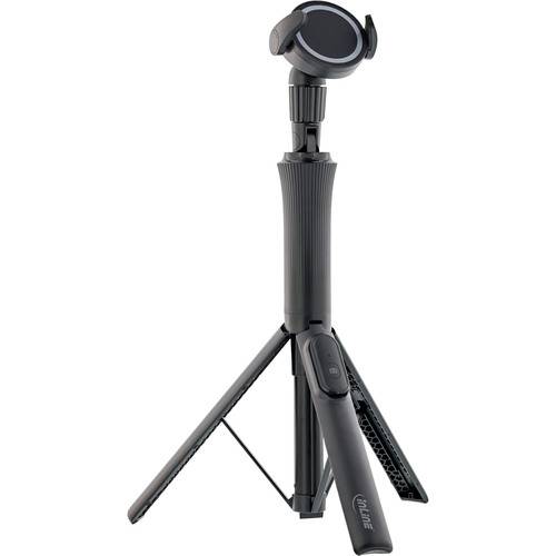 Ein schwarzes Stativ mit einem Smartphone-Halter und abnehmbarer Bluetooth-Fernbedienung, entwickelt für stabile mobile Fotografie und Videografie.