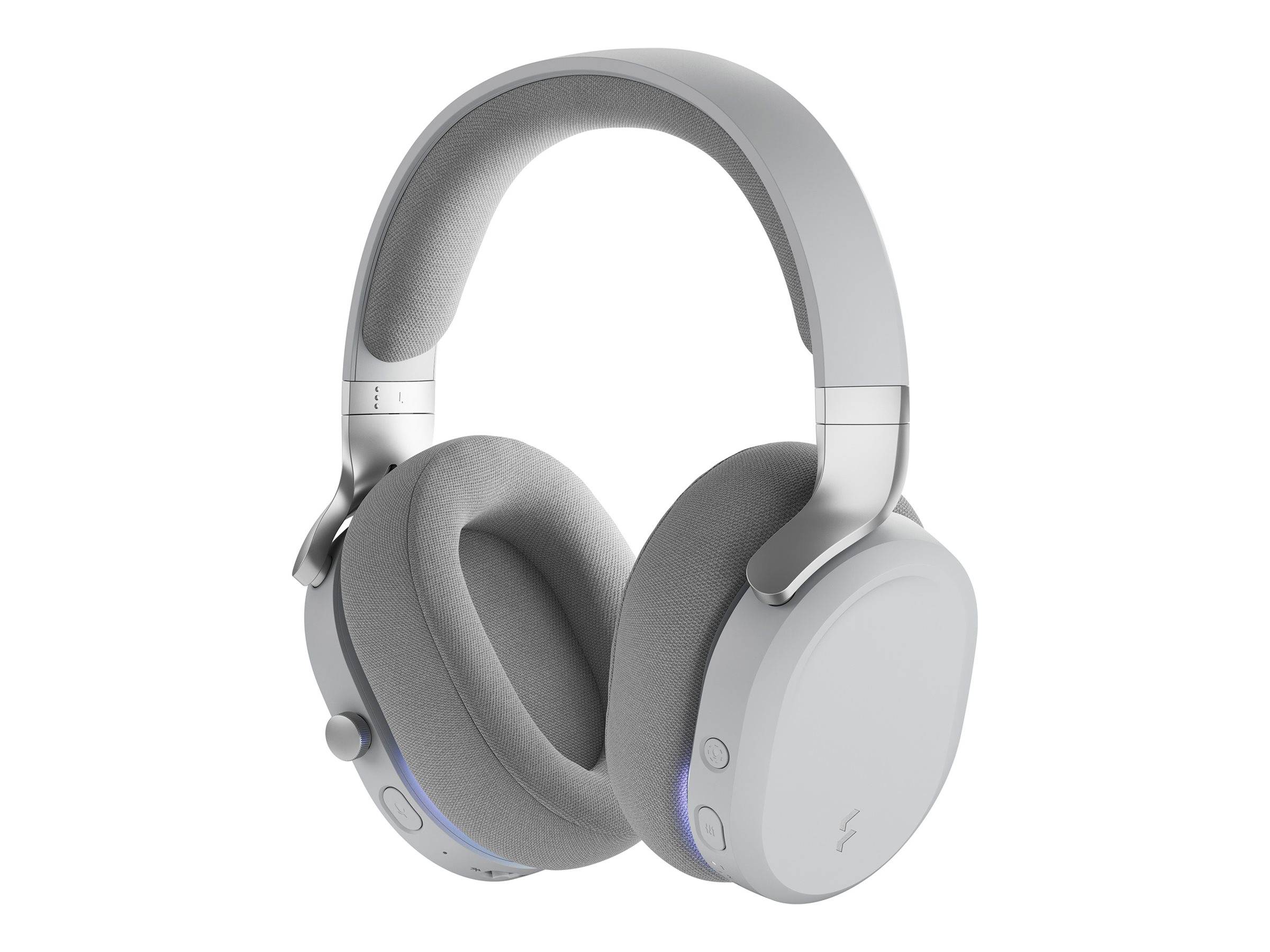 Kabellose silberne Over-Ear-Kopfhörer mit gepolsterten Ohrmuscheln und einem Kopfbügel.