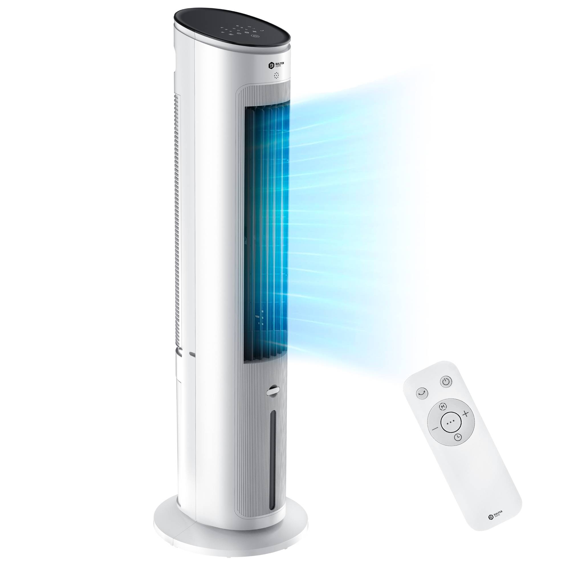 Balter VT-09-WH 5in1 Turmventilator, Ventilator mit Wasserkühlung, Luftkühler, Luftbefeuchter, Luftreiniger, Ionisator, Fernbedienung, Timer, Aroma