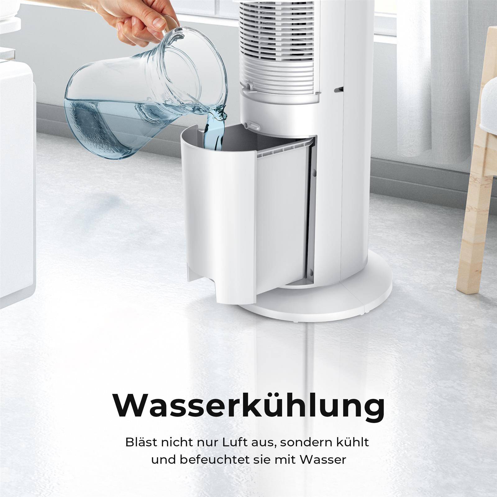 Balter VT-09-WH 5in1 Turmventilator, Ventilator mit Wasserkühlung, Luftkühler, Luftbefeuchter, Luftreiniger, Ionisator, Fernbedienung, Timer, Aroma