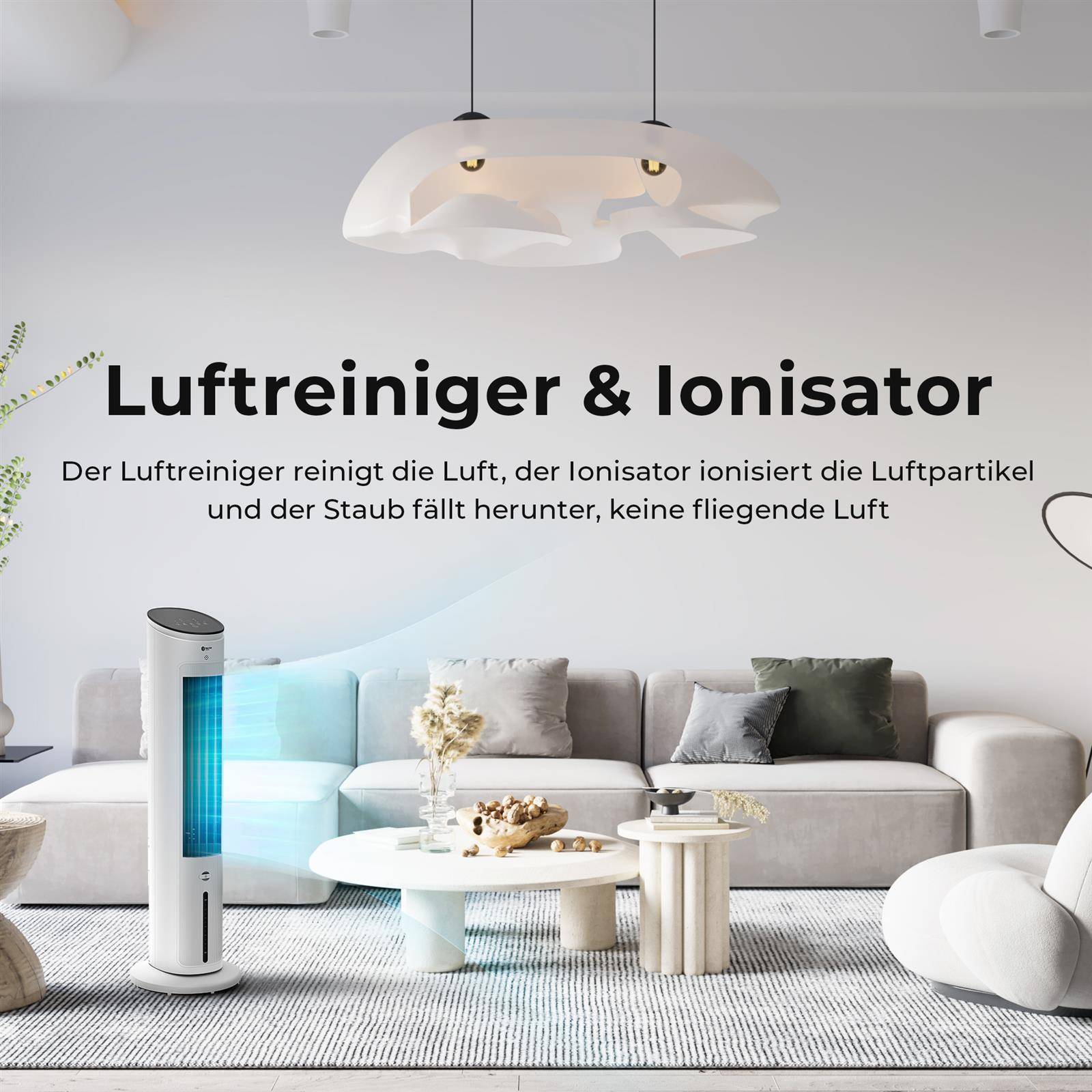 Balter VT-09-WH 5in1 Turmventilator, Ventilator mit Wasserkühlung, Luftkühler, Luftbefeuchter, Luftreiniger, Ionisator, Fernbedienung, Timer, Aroma