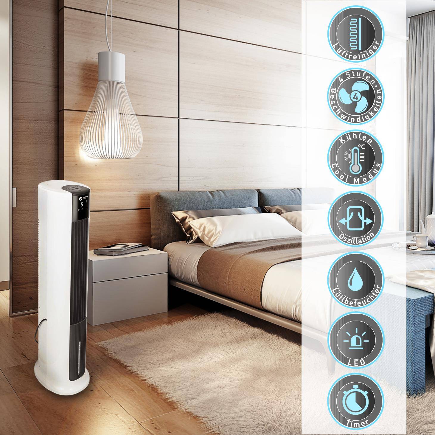 Balter VT-05 4in1 Mobile Klimaanlage, Turmventilator, Ventilator mit Wasserkühlung, Klimagerät, Luftkühler, Luftbefeuchter, Luftreiniger, Fernbedie