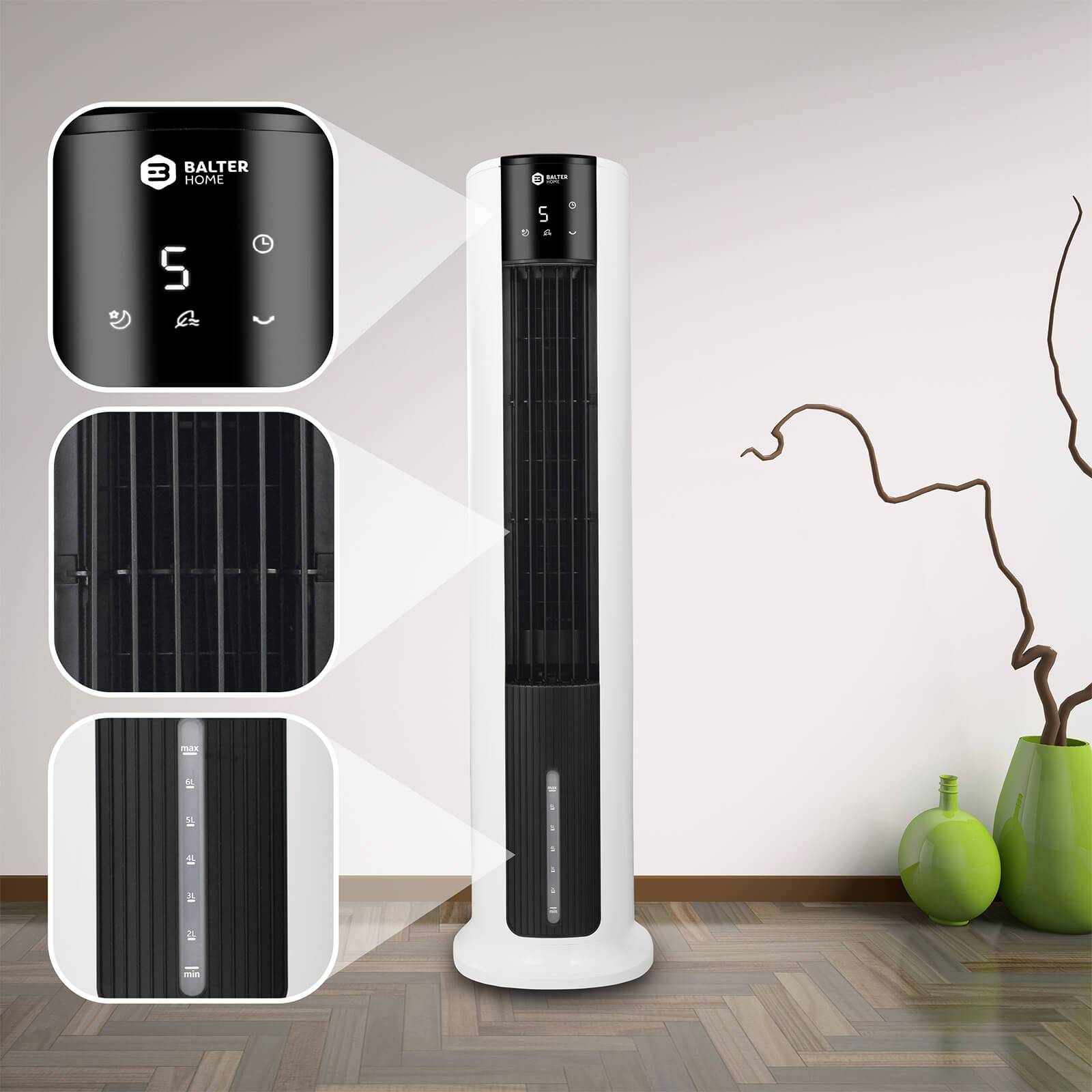 Balter VT-05 4in1 Mobile Klimaanlage, Turmventilator, Ventilator mit Wasserkühlung, Klimagerät, Luftkühler, Luftbefeuchter, Luftreiniger, Fernbedie