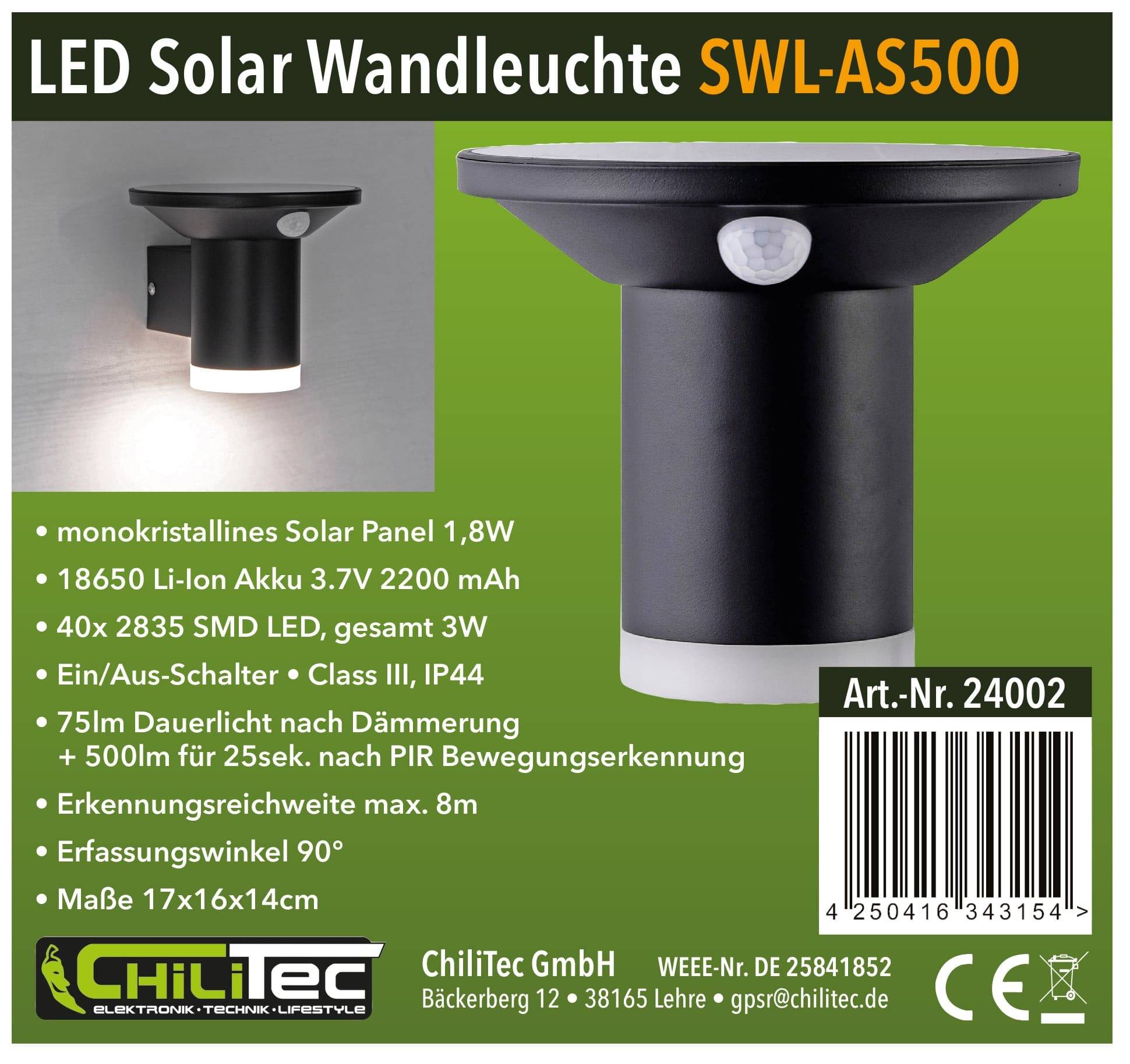 CHILITEC Solar LED-Wandleuchte SWL-AS500, IP44, 3000 K, PIR-Sensor