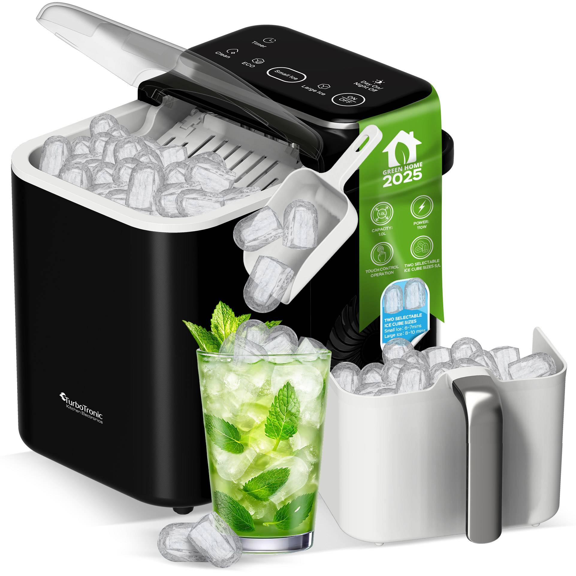 TurboTronic Eiswürfelmaschine – 9 Eiswürfel in 6 Min., 2 Eis-Würfel Größen, Selbstreinigung, mit Tragegriff, 1,5 L Tank, 12 kg/24 h, leise < 55