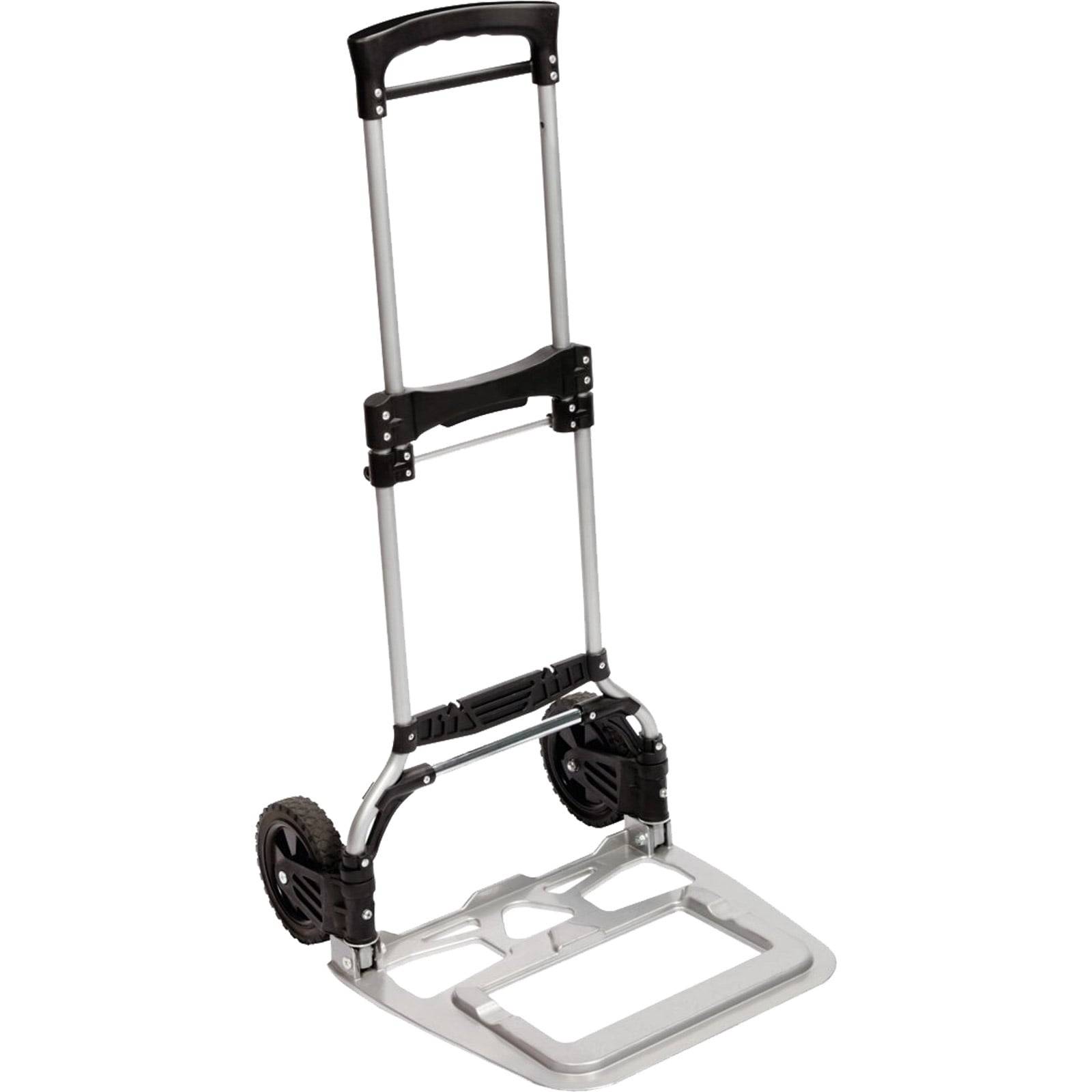 Ein zusammenklappbarer Handwagen mit Metallrahmen und schwarzen Kunststoffrädern, entwickelt zum einfachen Transport schwerer Gegenstände.