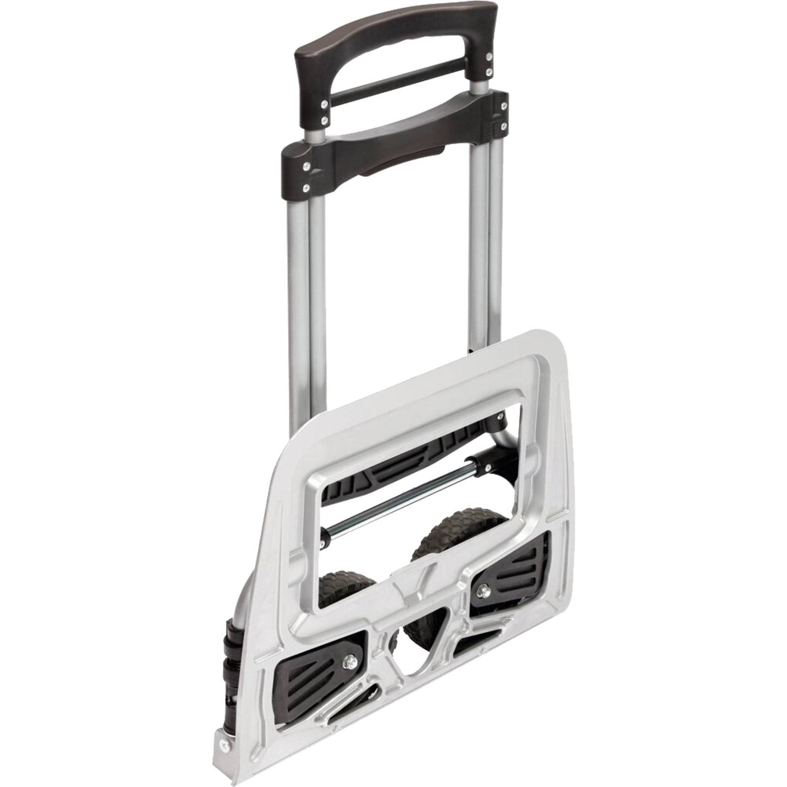 Ein leichter, faltbarer Handwagen mit schwarzem Griff und zwei Rädern, ideal für einfachen Transport und Lagerung.