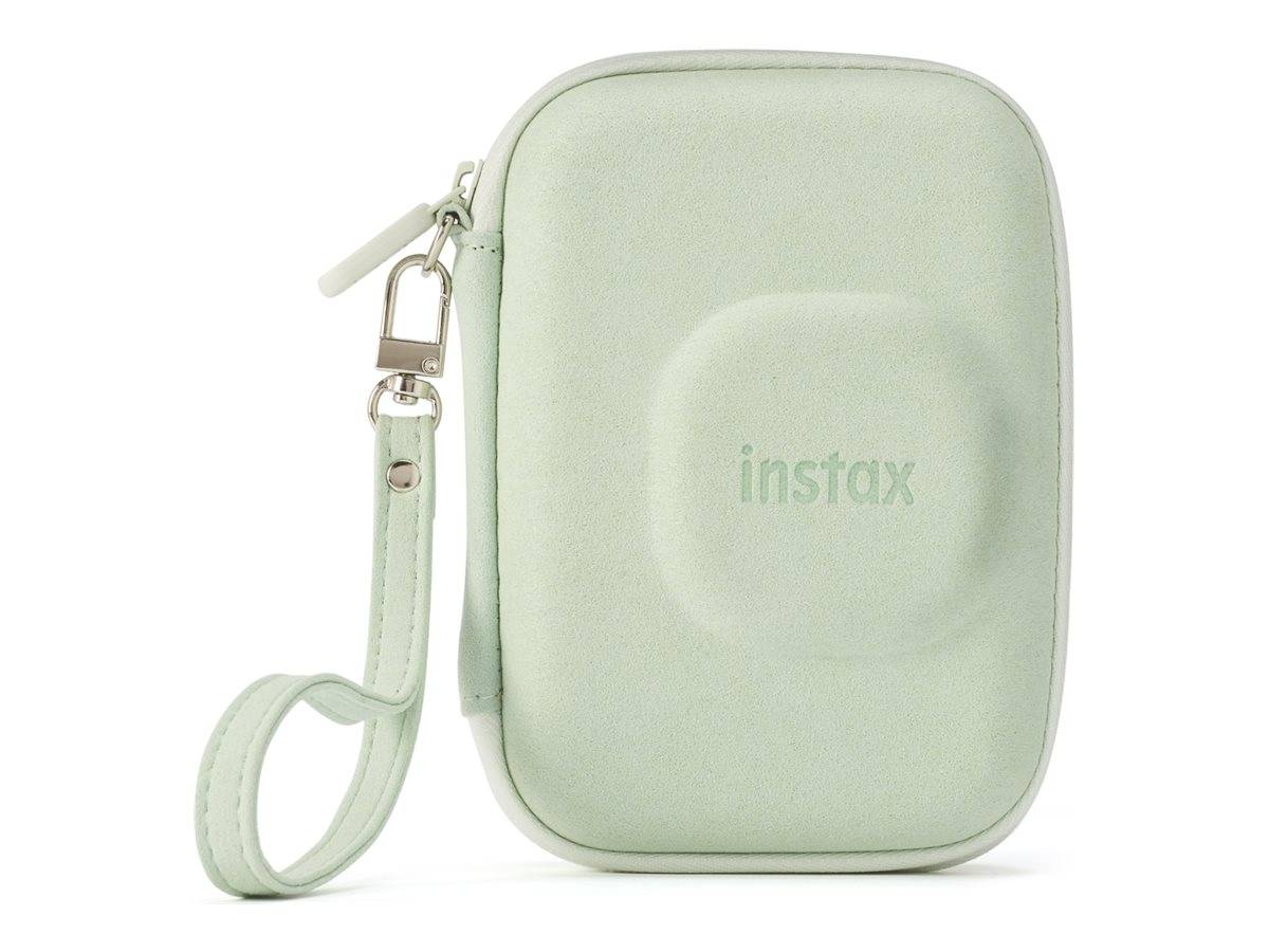 Minzgrüne Instax-Tragetasche mit Reißverschluss und Handgelenksriemen, gezeigt auf weißem Hintergrund.