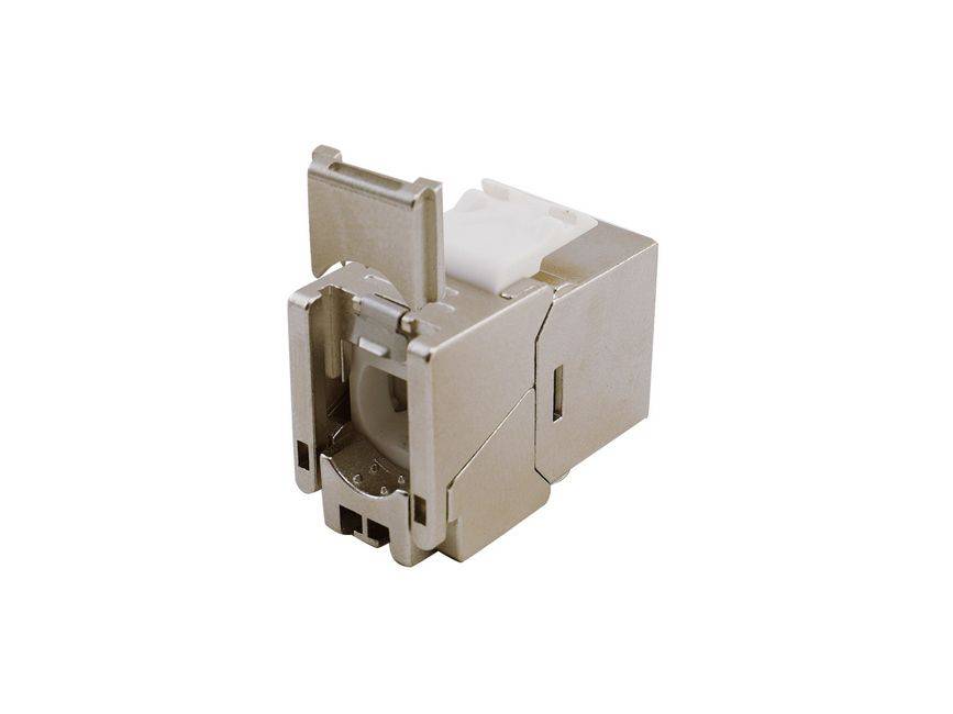 Metallisches Elektrosteckermodul mit schwenkbarem Riegel und seitlicher Öffnung, isoliert auf weißem Hintergrund dargestellt.