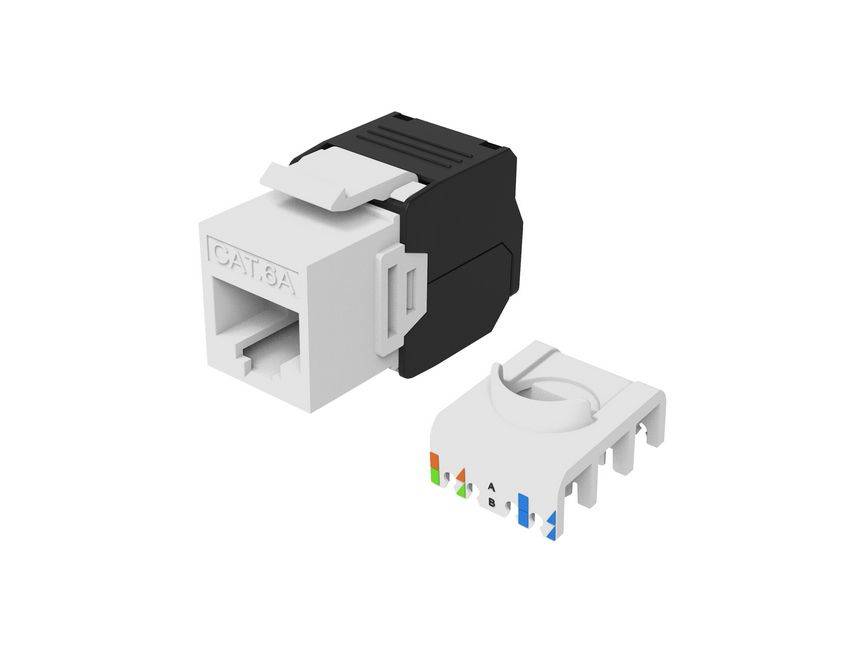 CAT6A Ethernet-Keystone-Buchse mit Anschlussleiste gezeigt, getrennt von ihrem Gehäuse.