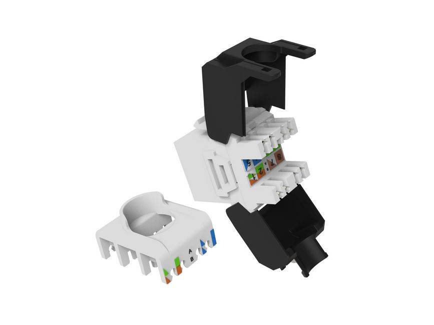 Explosionsdarstellung eines Ethernet-RJ45-Keystone-Steckers, die das schwarze und weiße Steckergehäuse und die internen Drahtkonktakte zeigt.