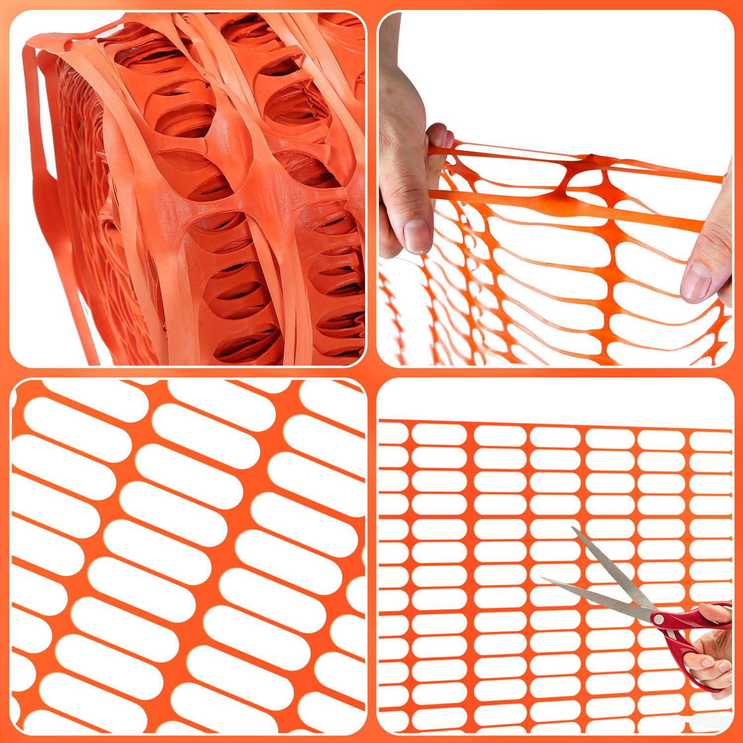 Oranges Kunststoff-Bauzaungeflecht in Nahaufnahme, von Händen gespannt und mit einer Schere in einer vierteiligen Collage geschnitten.