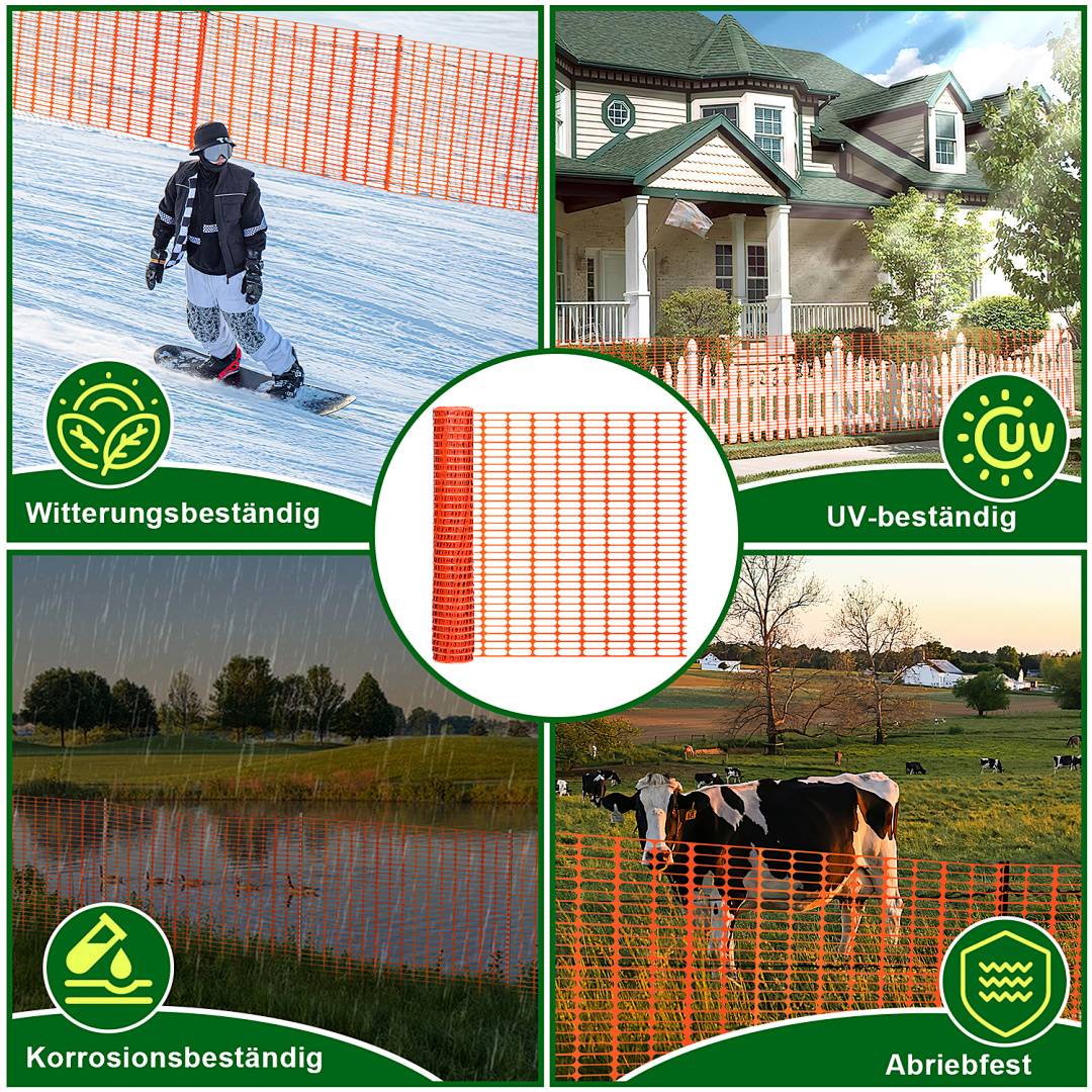 Collage von orangefarbenem Maschengeflecht gezeigt als wetterbeständig, UV-beständig, korrosionsbeständig und verschleißfest in verschneiten, sonnigen, regnerischen und landwirtschaftlichen Umgebungen.