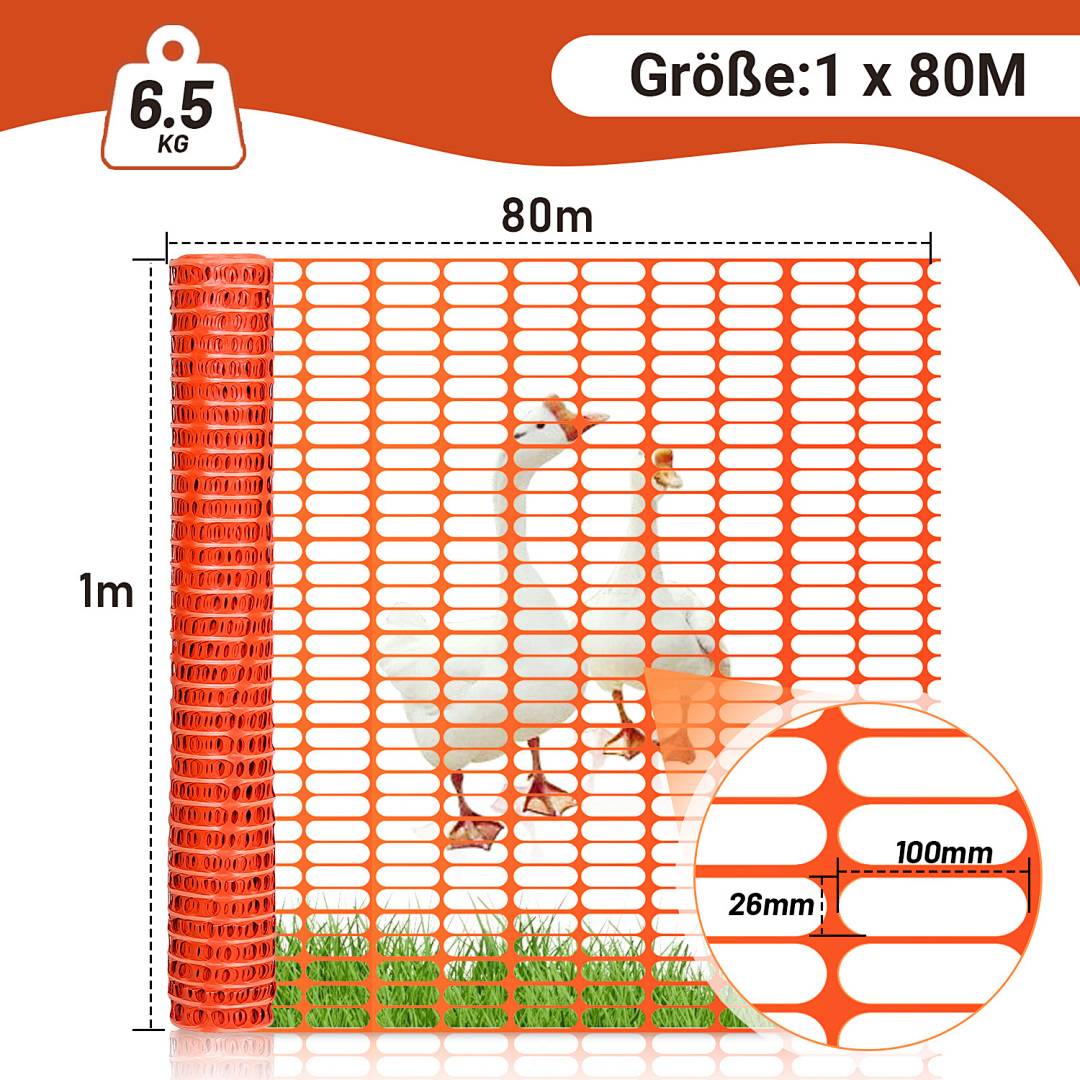 1x80m Absperrzaun Bauzaun Warnnetz orange,Sicherheitszaun mobiles Netz, Kunststoff Fangzaun, Zaun flexibel Mobiler Zaun Hühnerzaun Geflügelzaun