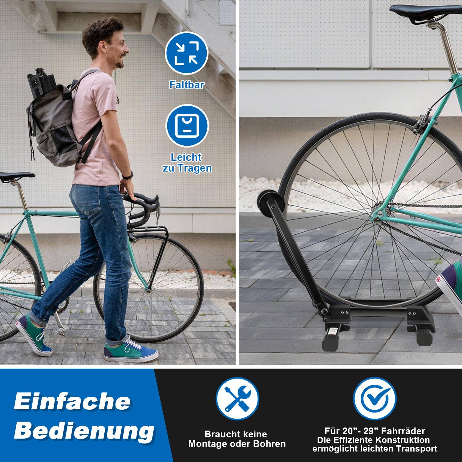 1 x Fahrradständer - für Vorderrad oder Hinterrad, Kohlenstoffstahl, schwarz, zusammenklappbar