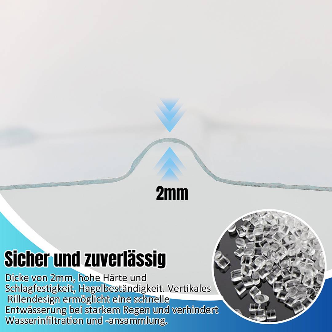 Diagramm einer 2 mm erhöhten Kante oder Bordstein, mit der Bezeichnung „Sicher und zuverlässig", Pfeile über der Erhebung und Text über Haltbarkeit und schnelle Wasserableitung.