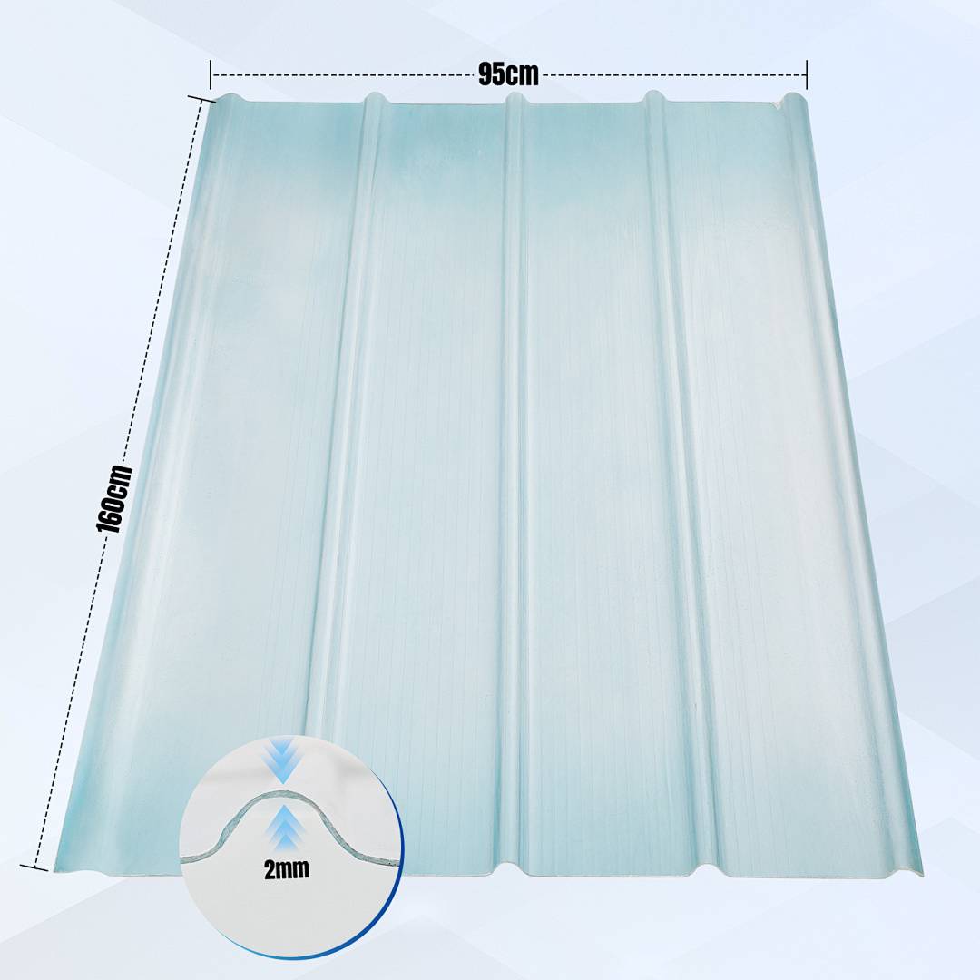 Hellblaues Wellblech mit Abmessungen von 95 cm Breite und 160 cm Länge, wobei die Dicke von 2 mm hervorgehoben wird.