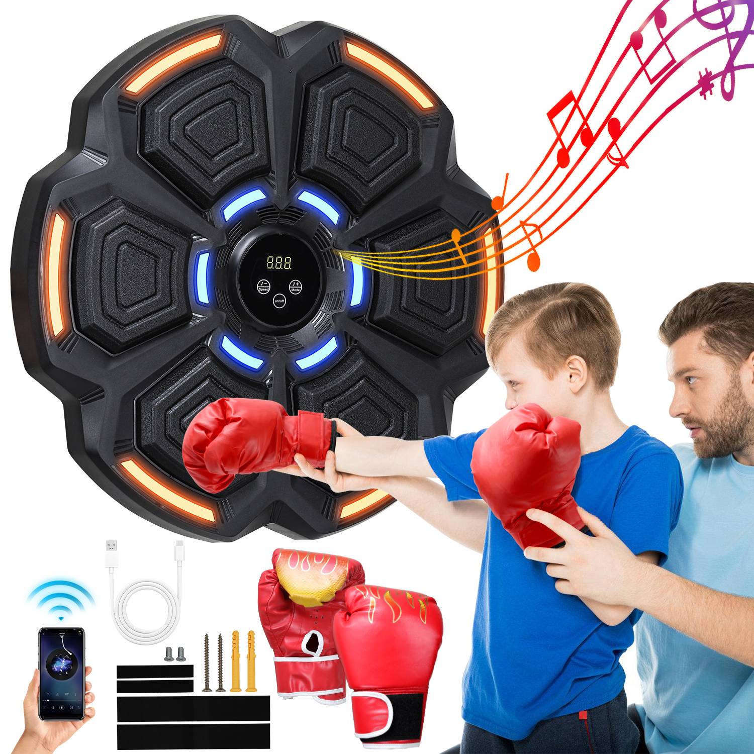Boxmaschine Sportanzug Elektronische Musik Boxmaschine Wandmontiertes Boxziel mit 2 Paar Boxhandschuhen Erwachsener + Kind