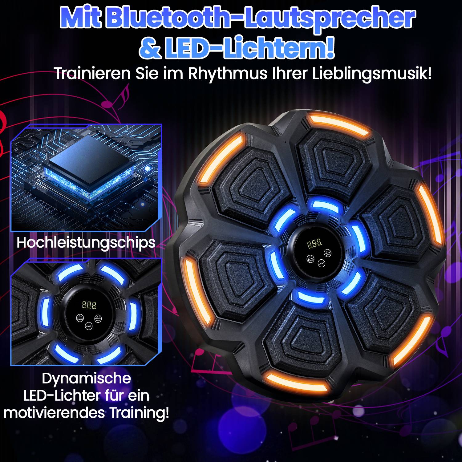 Werbegrafik für einen Bluetooth-Lautsprecher mit LED-Leuchten, die einen runden schwarzen Lautsprecher zeigt, der in Blau und Orange leuchtet, mit deutschem Text, der rhythmisches Training und Hochleistungs-Chips bewirbt.