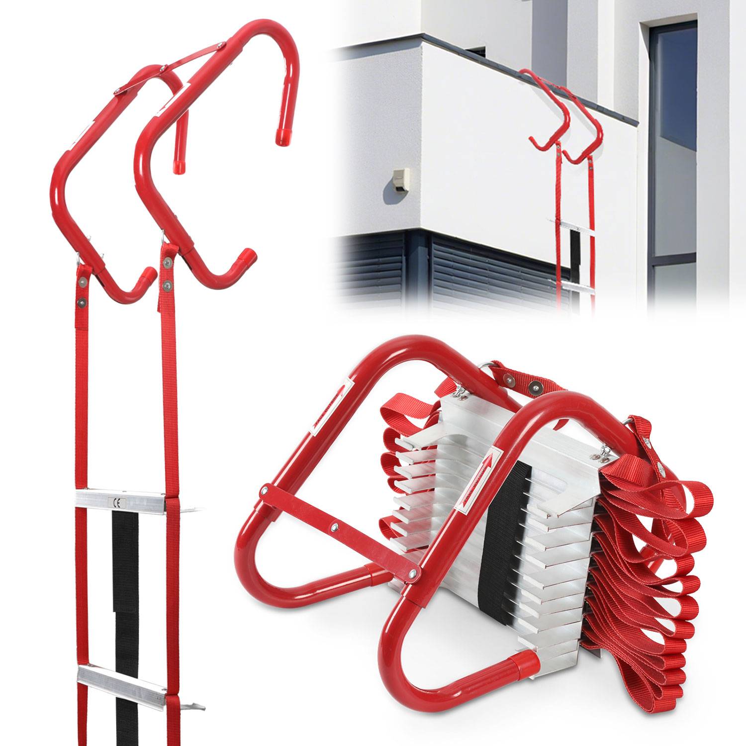 Feuerleiter 4,5 m Rettungsleiter Hängeleiter für 2 stockwerke Fluchtleiter mit Einziehbarer Haken bis zu 450 kg Strickleiter Feuerfeste