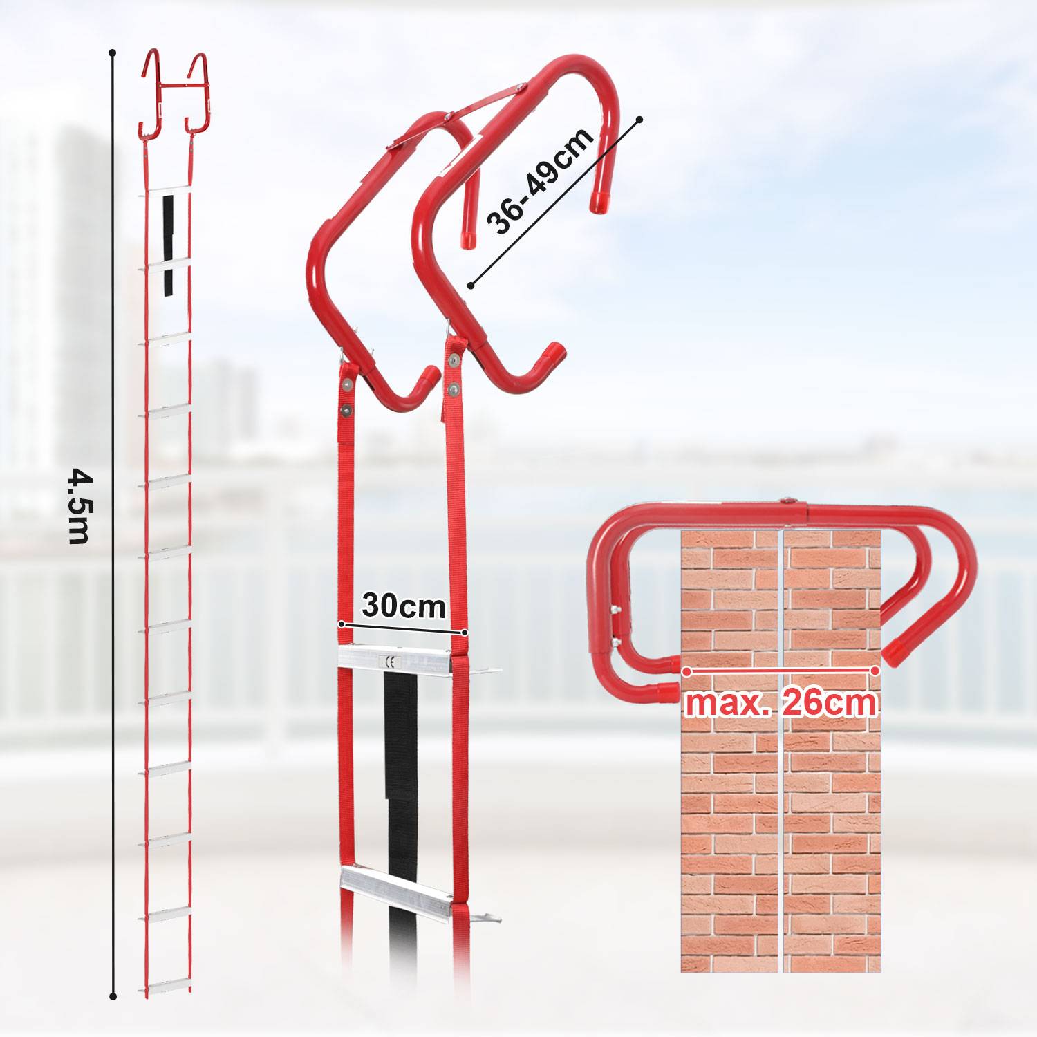Feuerleiter 4,5 m Rettungsleiter Hängeleiter für 2 stockwerke Fluchtleiter mit Einziehbarer Haken bis zu 450 kg Strickleiter Feuerfeste