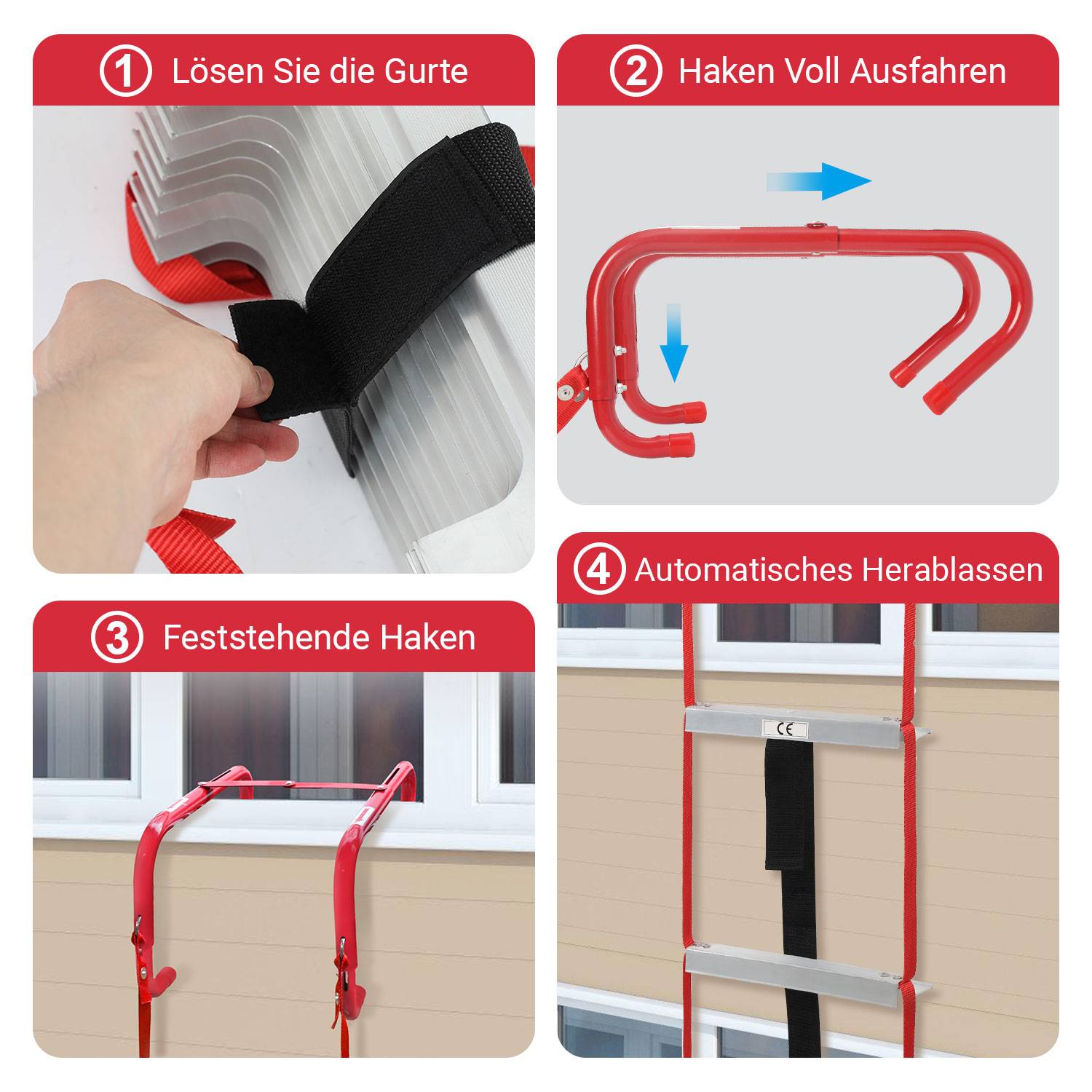 Feuerleiter 4,5 m Rettungsleiter Hängeleiter für 2 stockwerke Fluchtleiter mit Einziehbarer Haken bis zu 450 kg Strickleiter Feuerfeste