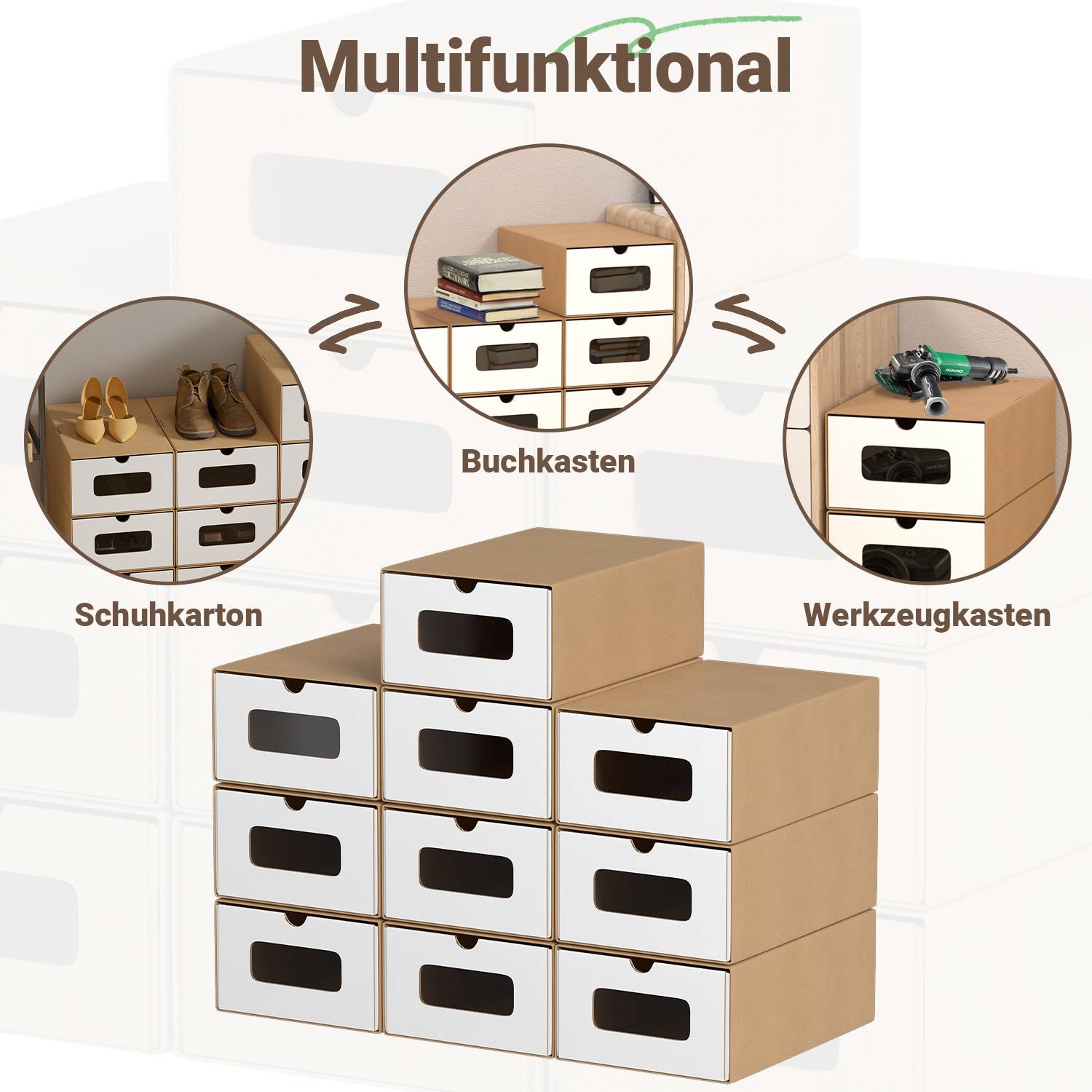 10x Schuhboxen mit Sichtfenster Schuhaufbewahrung Aufbewahrungsbox Stapelbar Storage Box Schuhbox Schuhkarton Schuhschachtel Allzweckbox Braun/Weiß