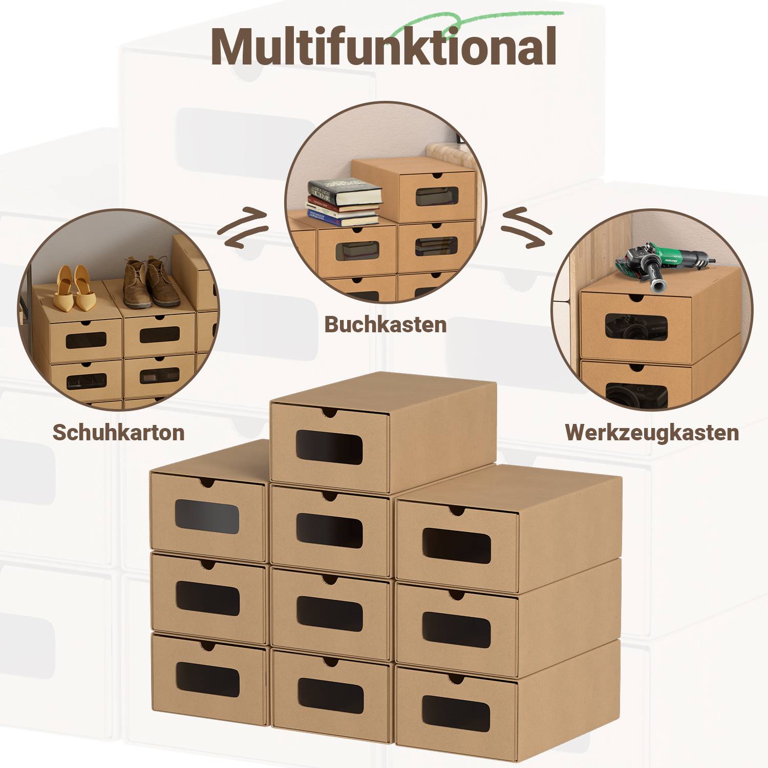 10x Schuhboxen mit Sichtfenster Schuhaufbewahrung Aufbewahrungsbox Stapelbar Storage Box Schuhbox Schuhkarton Schuhschachtel Allzweckbox Braun