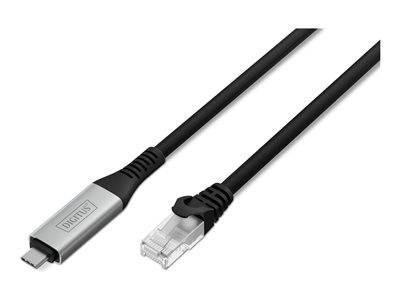 Ein schwarzes Ethernet-Kabel mit einem silbernen Stecker mit der Bezeichnung 
