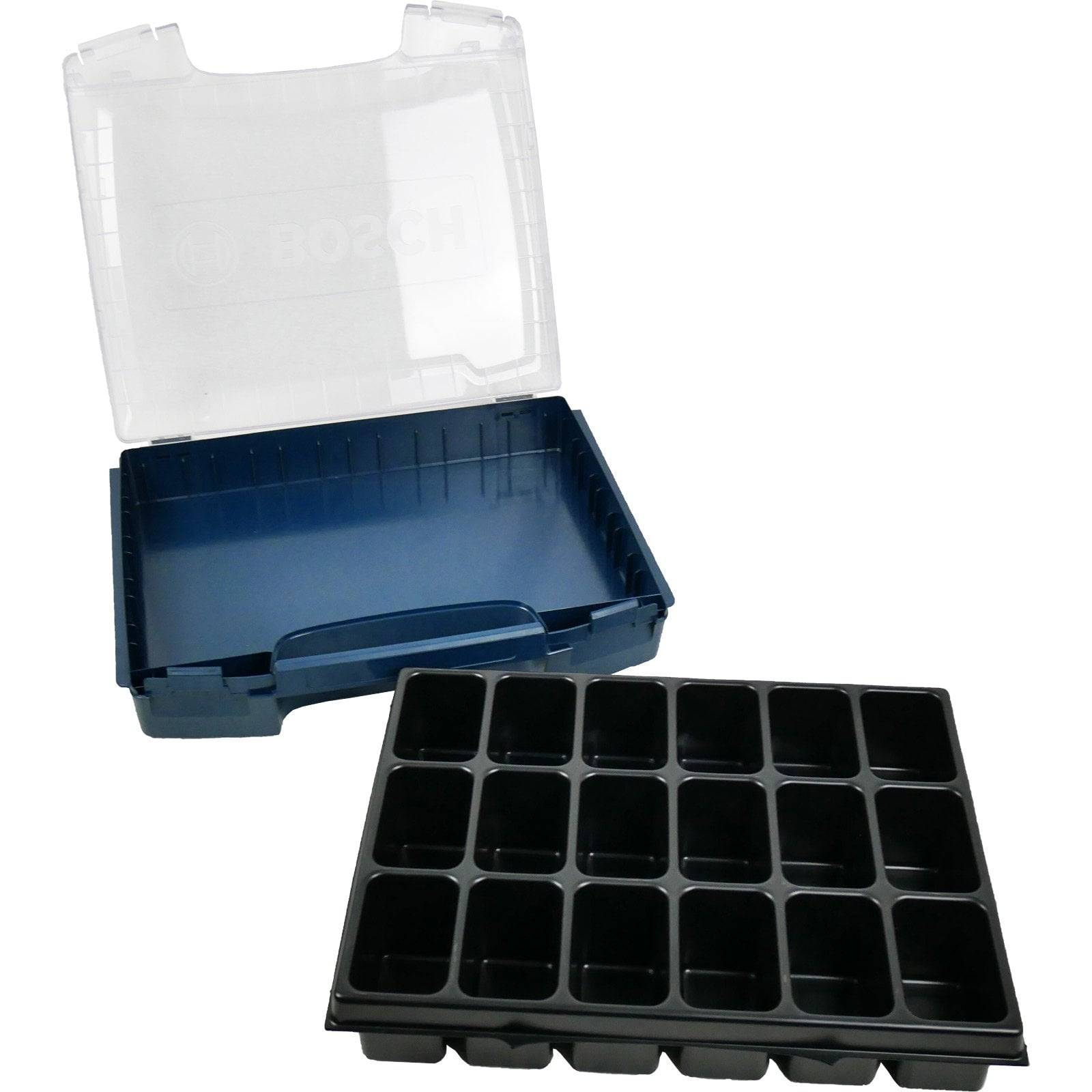 Ein offener Kunststoff-Werkzeugorganizer mit durchsichtigem Deckel und einem abnehmbaren schwarzen Tablett mit mehreren Fächern zur Aufbewahrung.