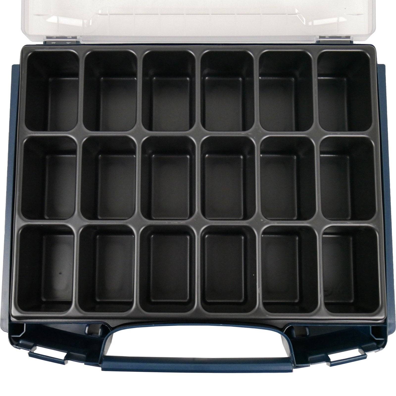 Eine offene, leere Kunststoff-Organisatorbox mit 15 rechteckigen Fächern.