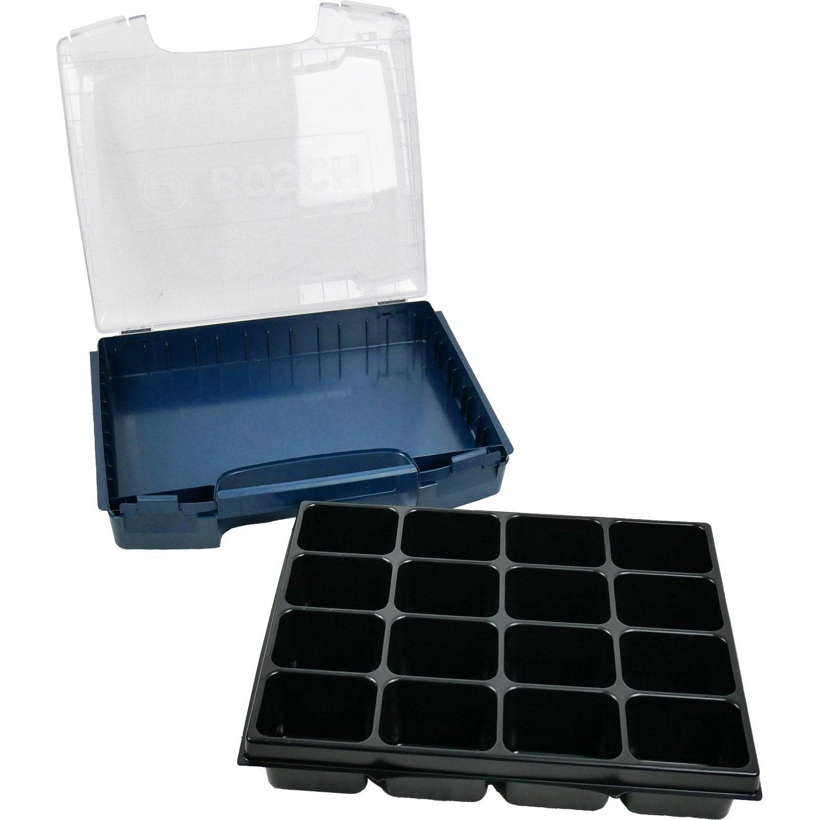 Eine offene blaue Bosch-Lagerkiste mit transparentem Deckel, die einen schwarzen Gitter-Organizer-Einsatz zeigt, ideal zum Sortieren kleiner Gegenstände.