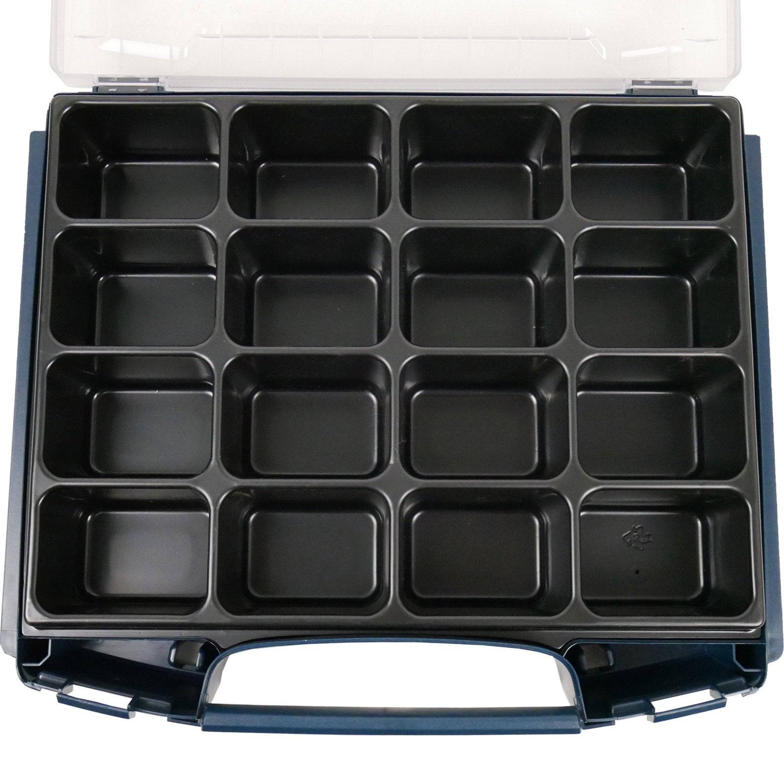 Eine Kunststoff-Aufbewahrungsbox mit transparentem Deckel, die 15 leere quadratische Fächer in einem 3x5-Raster enthält, zur Organisierung kleiner Gegenstände.