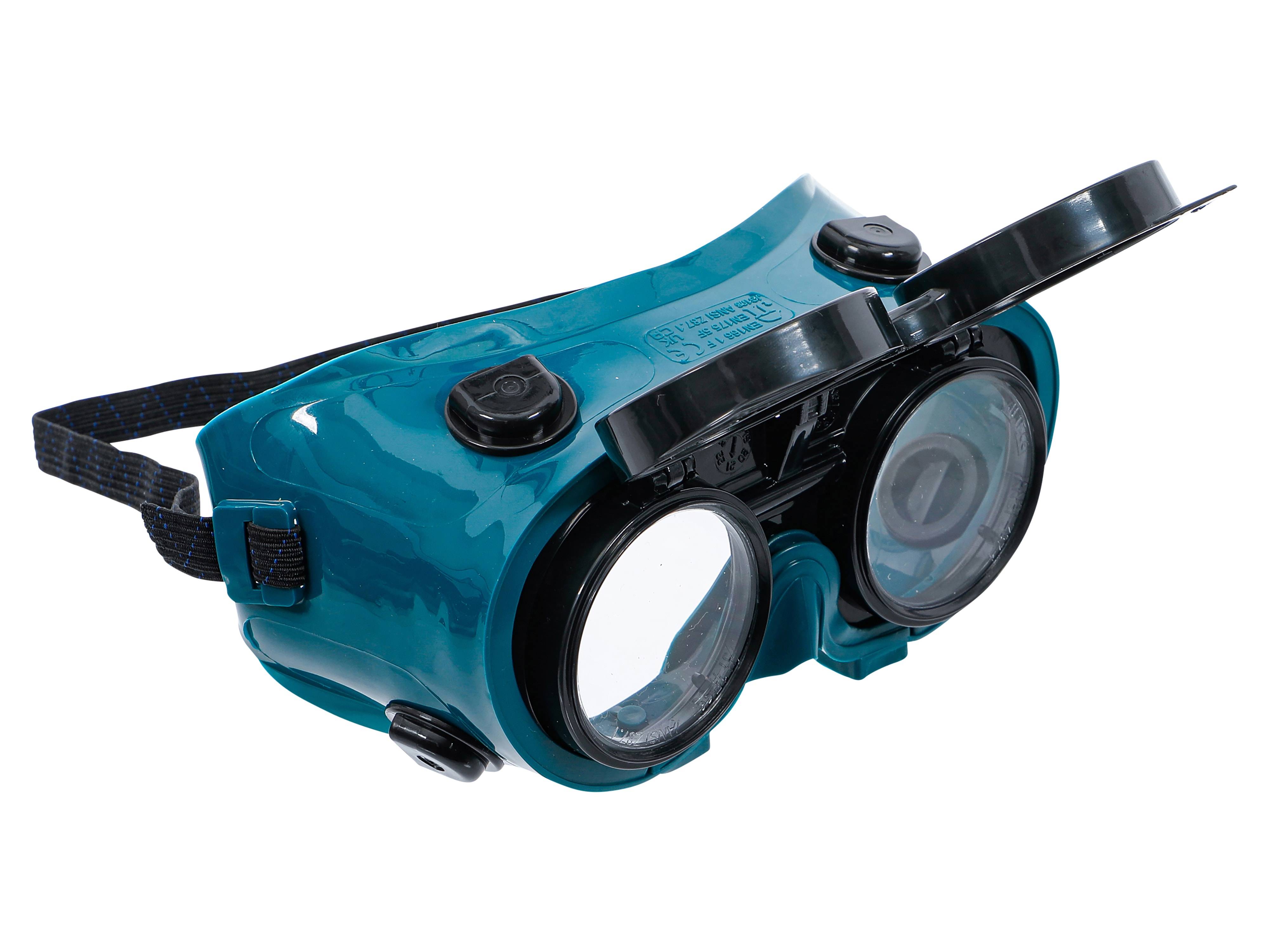 Schutzschweißerbrille mit verstellbarem Kopfband, ausgestattet mit dunklen Gläsern zum Schutz der Augen vor hellem Licht und schädlicher Strahlung.