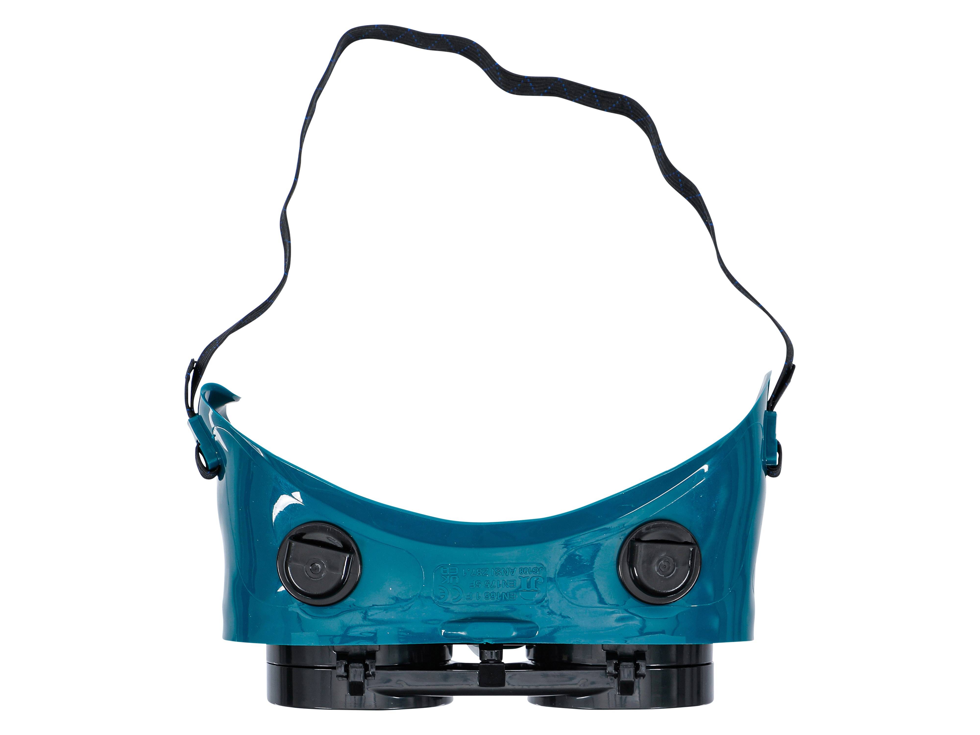 Eine blaue Schutzgesichtsmaske mit zwei schwarzen Filtern und einem verstellbaren Riemen, die für die Sicherheit in gefährlichen Umgebungen entwickelt wurde.